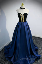 Blue Satin Lace Long Prom Dresses, Blue Short Sleeve Evening Party Dresses