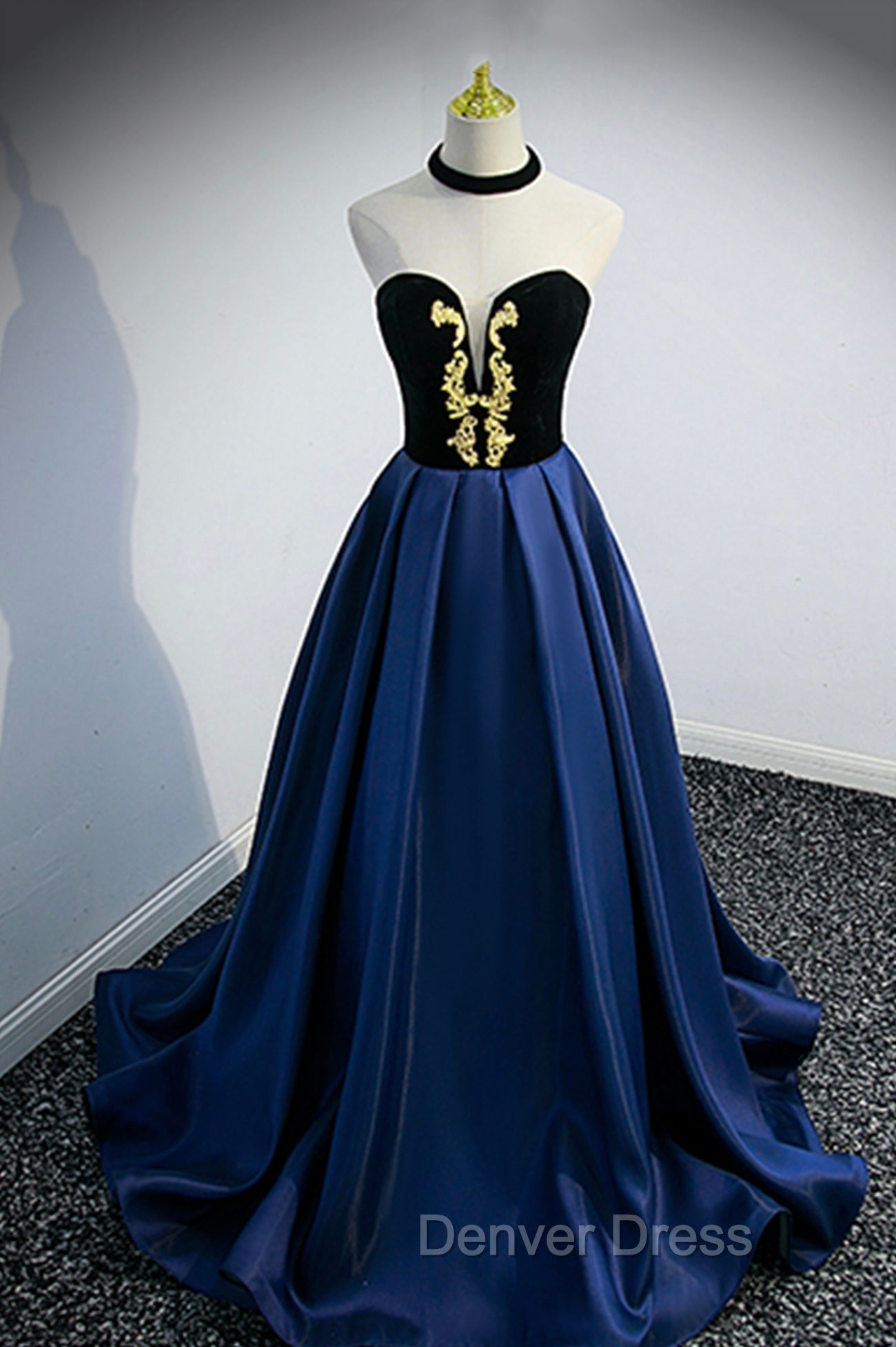 Blue Satin Lace Long Prom Dresses, Blue Short Sleeve Evening Party Dresses