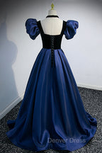 Blue Satin Lace Long Prom Dresses, Blue Short Sleeve Evening Party Dresses