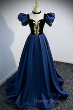 Blue Satin Lace Long Prom Dress, Blue Short Sleeve Prom Dresses