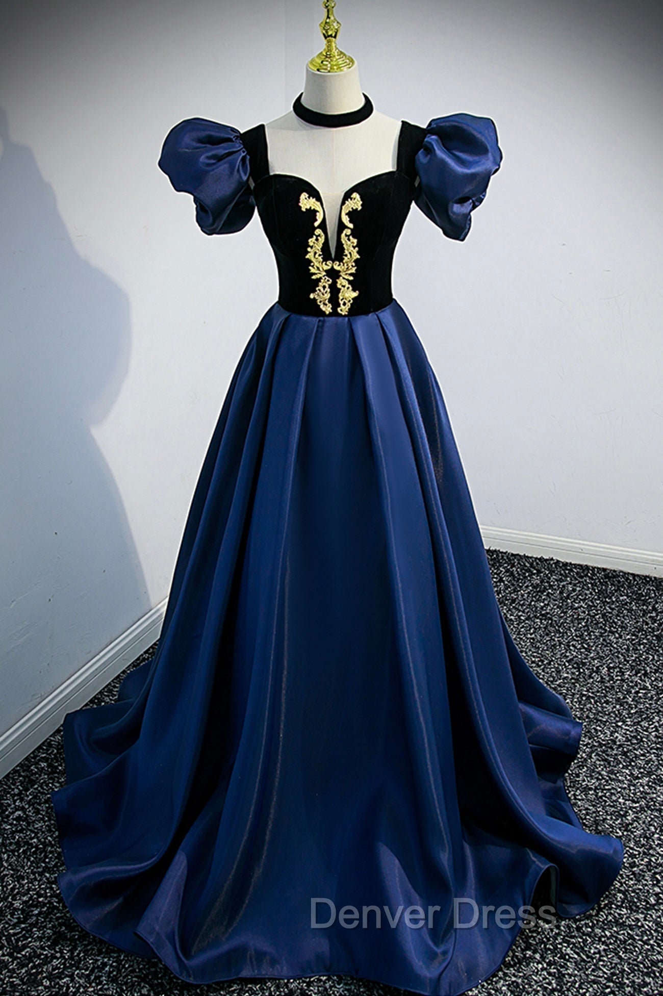 Blue Satin Lace Long Prom Dress, Blue Short Sleeve Prom Dresses