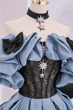 Blue Satin Lace Long Prom Dress, Off Shoulder Prom Dresses