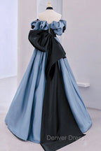 Blue Satin Lace Long Prom Dress, Off Shoulder Prom Dresses