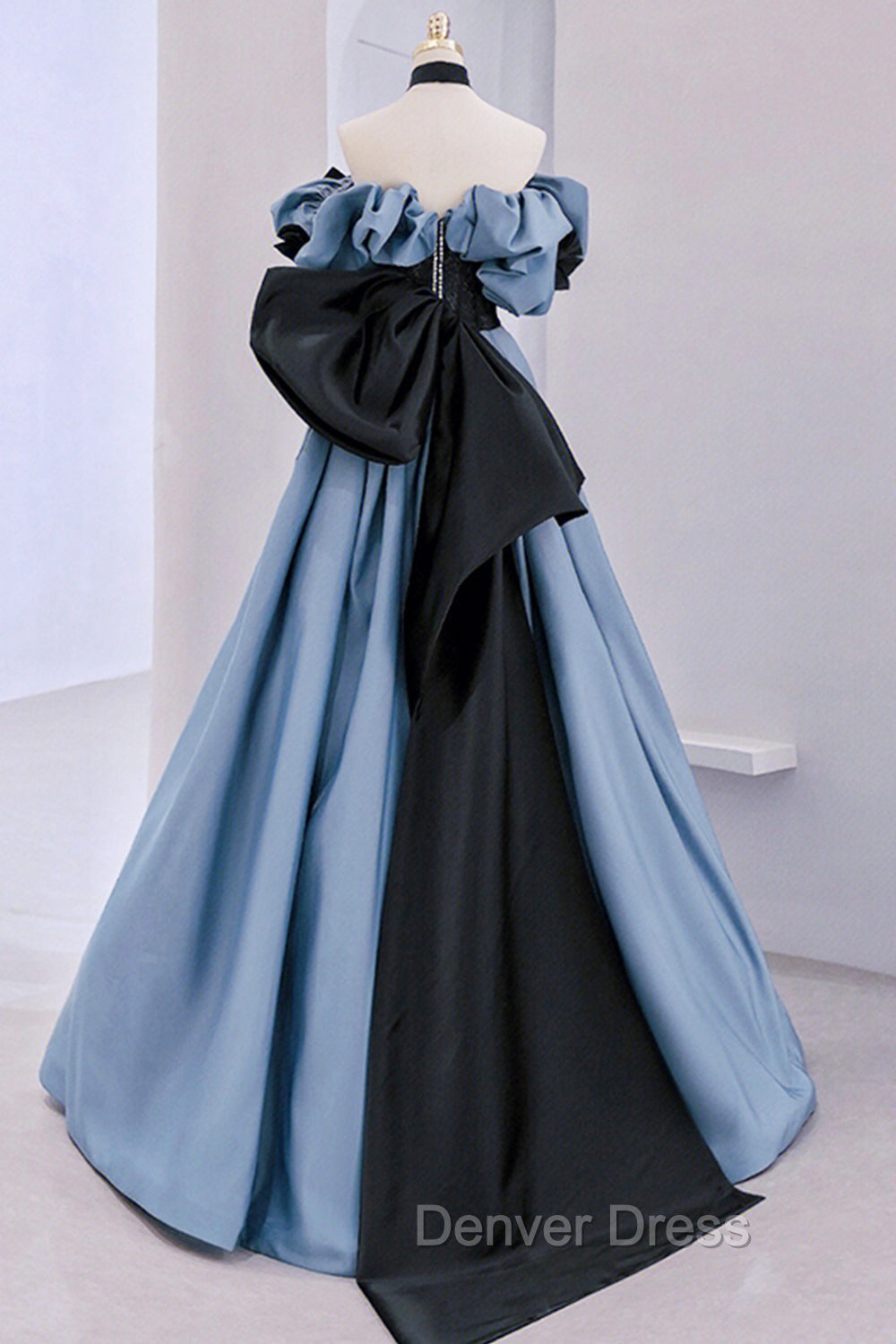 Blue Satin Lace Long Prom Dress, Off Shoulder Prom Dresses