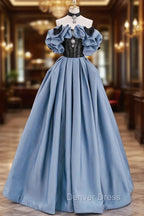 Blue Satin Lace Long Prom Dresses, Off Shoulder Evening Party Dresses