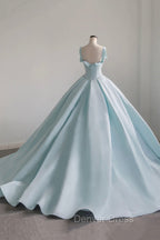 Blue Satin Long A Line Prom Dress, Blue Prom Dresses