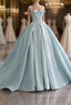 Blue Satin Long A-Line Formal Dresses, Blue Prom Evening Dresses