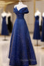 Blue Satin Long A-line Formal Dresses Prom Dresses, Off Shoulder Blue Evening Dresses
