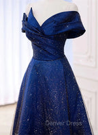 Blue Satin Long A-line Formal Dresses Prom Dresses, Off Shoulder Blue Evening Dresses