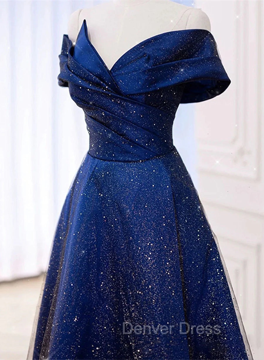 Blue Satin Long A-line Formal Dresses Prom Dresses, Off Shoulder Blue Evening Dresses