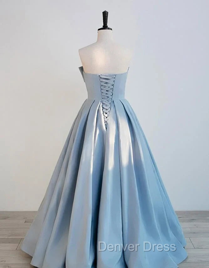 Blue Satin Long A-line Party Dresses Prom Dresses Blue Floor Length Evening Dresses prom Dresses shops