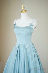 Blue Satin Long A-Line Prom Dress, Beautiful Spaghetti Straps Evening Dress