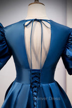 Blue Satin Long A Line Prom Dress, Elegant Short Sleeve Prom Dresses
