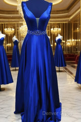 Blue Satin Long A Line Prom Dresses Evening Dresses