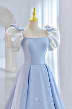 Blue Satin Long A-Line Prom Dresses, Lovely Short Sleeve Formal Evening Dresses