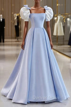 Blue Satin Long A-Line Prom Dresses, Lovely Short Sleeve Formal Evening Dresses