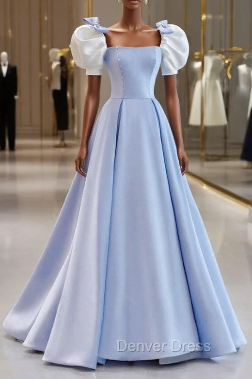 Blue Satin Long A Line Prom Dress, Lovely Short Sleeve Prom Dresses