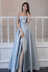 Blue Satin Long A-Line Prom Dress, Off The Shoulder Evening Dress With Slit