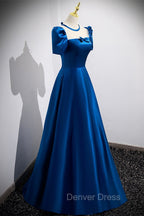 Blue Satin Long A Line Prom Dress, Simple Blue Short Sleeve Prom Dresses