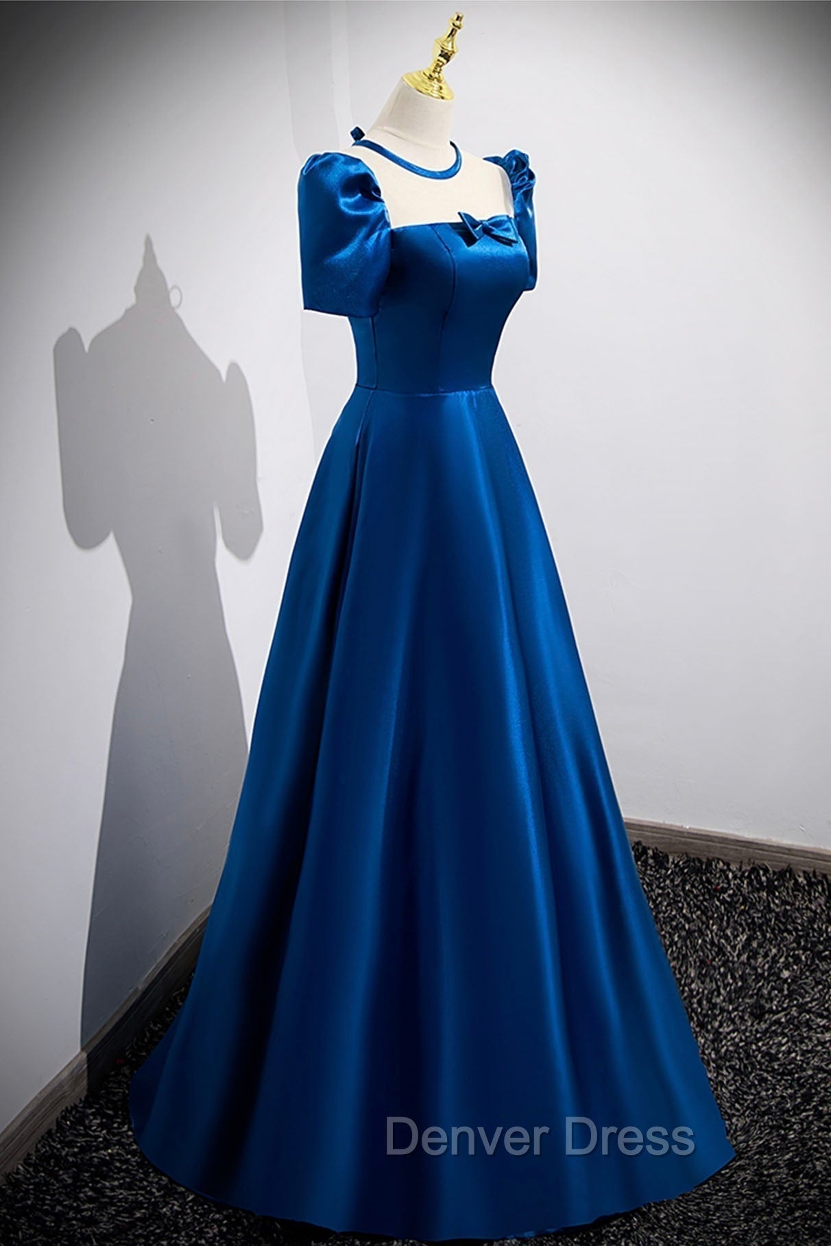 Blue Satin Long A Line Prom Dress, Simple Blue Short Sleeve Prom Dresses