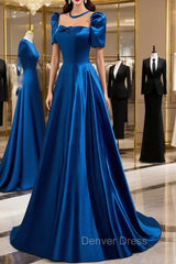 Blue Satin Long A-Line Prom Dresses, Simple Blue Short Sleeve Evening Dresses