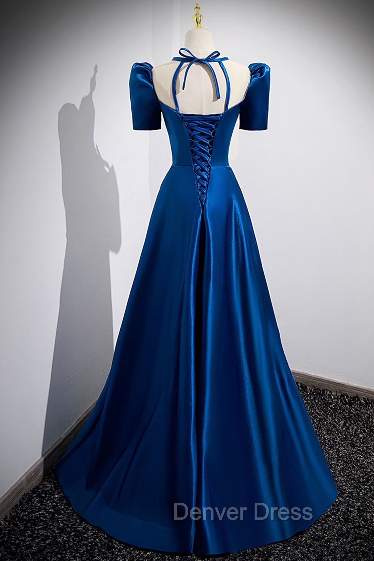 Blue Satin Long A Line Prom Dress, Simple Blue Short Sleeve Prom Dresses