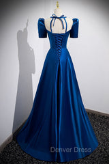 Blue Satin Long A-Line Prom Dresses, Simple Blue Short Sleeve Evening Dresses