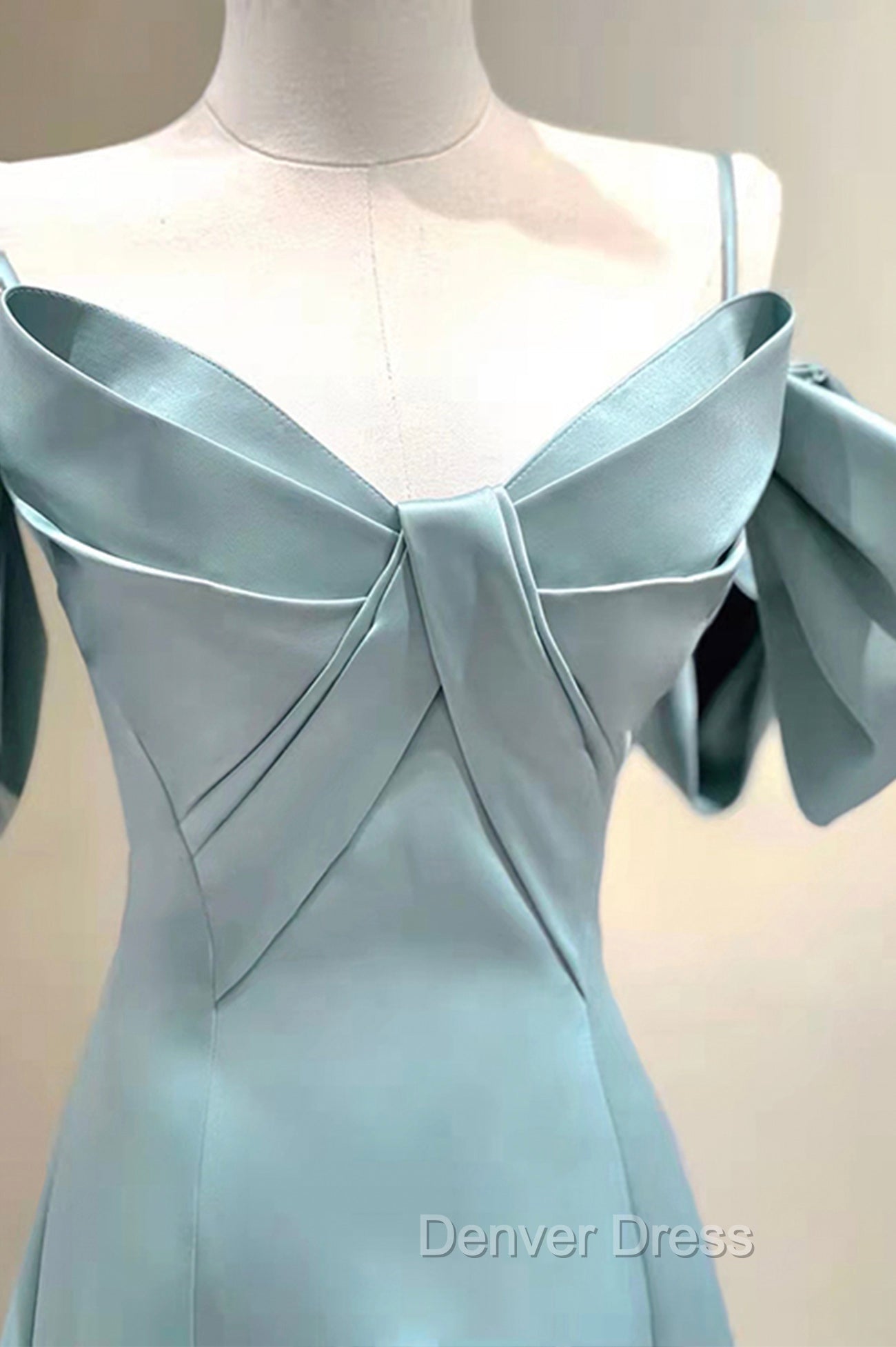 Blue Satin Long A Line Prom Dress, Unique Spaghetti Straps Prom Dresses