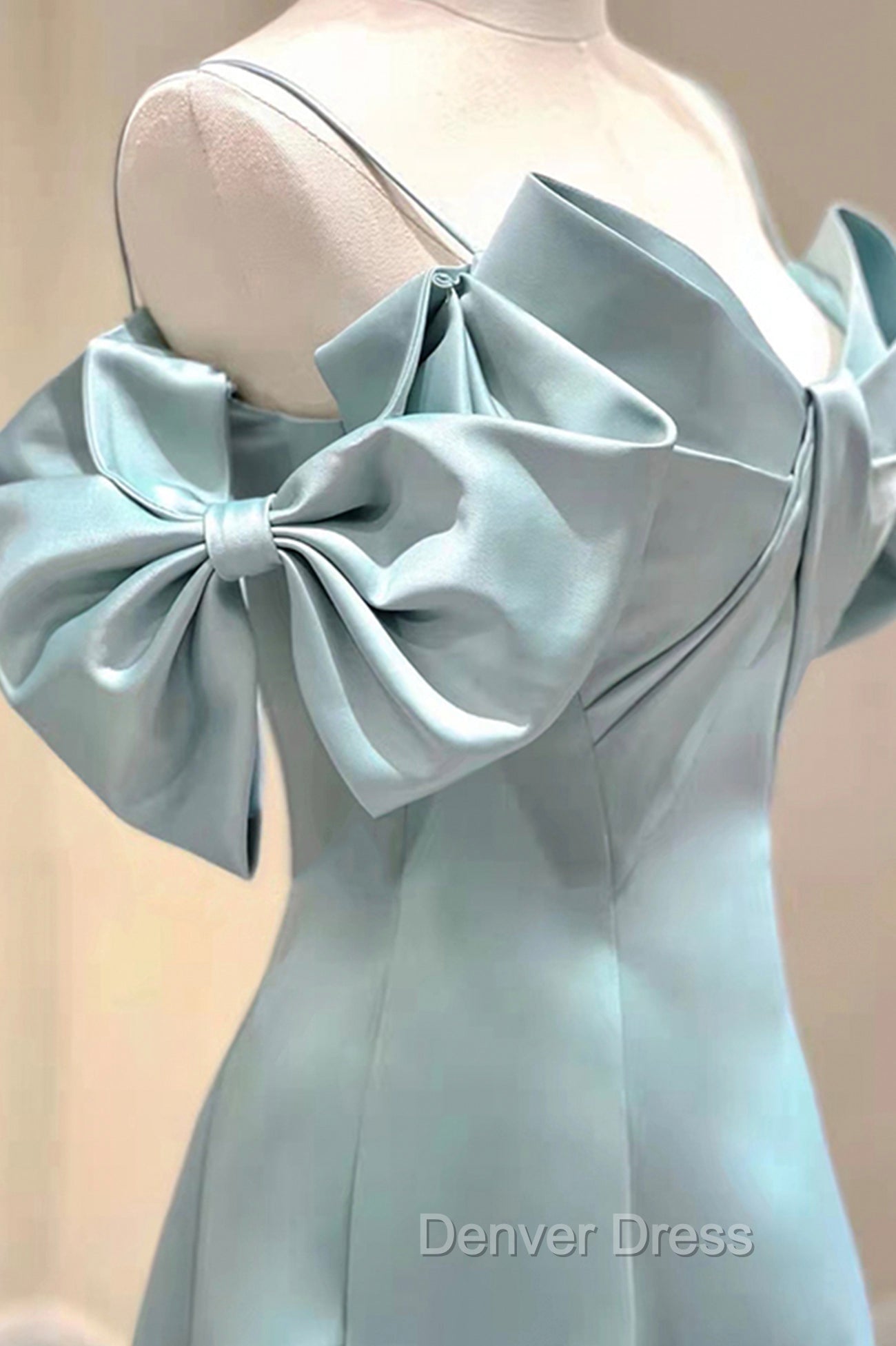 Blue Satin Long A Line Prom Dress, Unique Spaghetti Straps Prom Dresses