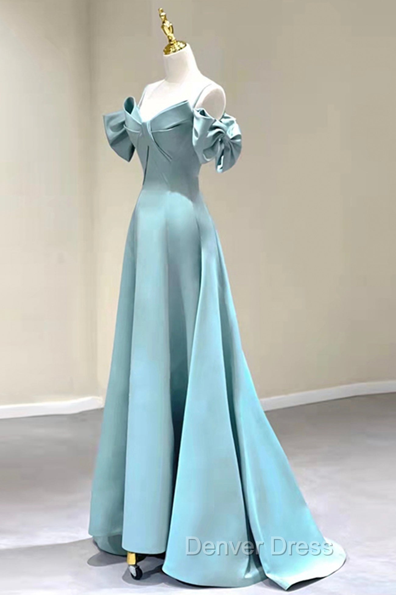 Blue Satin Long A Line Prom Dress, Unique Spaghetti Straps Prom Dresses Secondary image