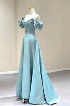 Blue Satin Long A Line Prom Dress, Unique Spaghetti Straps Prom Dresses