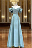 Blue Satin Long A Line Prom Dress, Unique Spaghetti Straps Prom Dresses