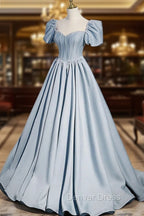 Blue Satin Long A-Line Prom Dresses with Pearls, Cute Short Sleeve Evening Dresses