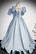 Blue Satin Long A-Line Prom Dresses with Pearls, Cute Short Sleeve Evening Dresses