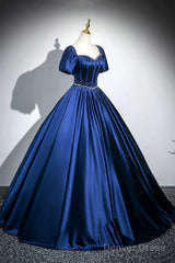 Blue Satin Long A-Line Prom Dress With Pearls, Elegant Short Sleeve Evening Party Dress