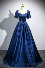 Blue Satin Long A-Line Prom Dress With Pearls, Elegant Short Sleeve Evening Party Dress