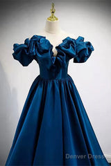 Blue Satin Long Off Shoulder A-Line Prom Dress, Blue Sweetheart Evening Dress