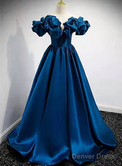 Blue Satin Long Off Shoulder A-Line Prom Dress, Blue Sweetheart Evening Dress