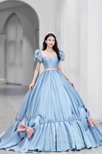 Blue Satin Long Princess Dress, Cute Short Sleeve Ball Gowns Sweet 16 Dresses