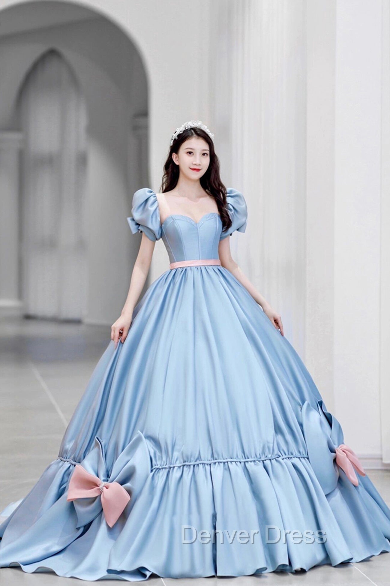 Blue Satin Long Princess Dress, Cute Short Sleeve Ball Gowns Sweet 16 Dresses