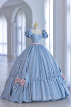 Blue Satin Long Princess Dresses, Cute Short Sleeve Ball Gown Sweet 16 Dresses