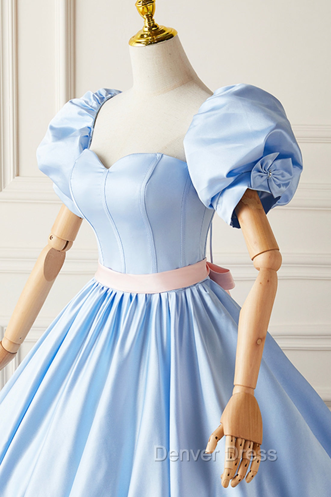 Blue Satin Long Princess Dress, Lovely Short Sleeve Ball Gowns Sweet 16 Dresses