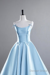 Blue Satin Long Prom Dress, A-Line Spaghetti Strap Evening Party Dress