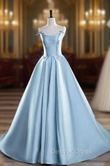 Blue Satin Long Prom Dresses, A-Line Spaghetti Strap Evening Party Dresses