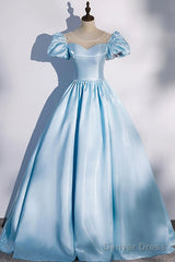 Blue Satin Long Prom Dress, Blue A-Line Scoop Neckline Short Sleeve Evening Dress