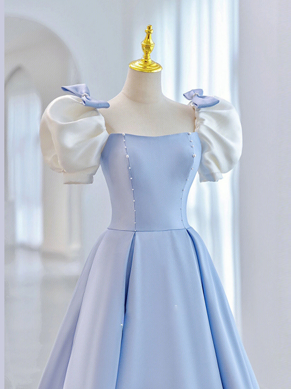 Blue Satin Long Prom Dresses, Blue Formal Evening Dresses