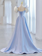 Blue Satin Long Prom Dresses, Blue Formal Evening Dresses