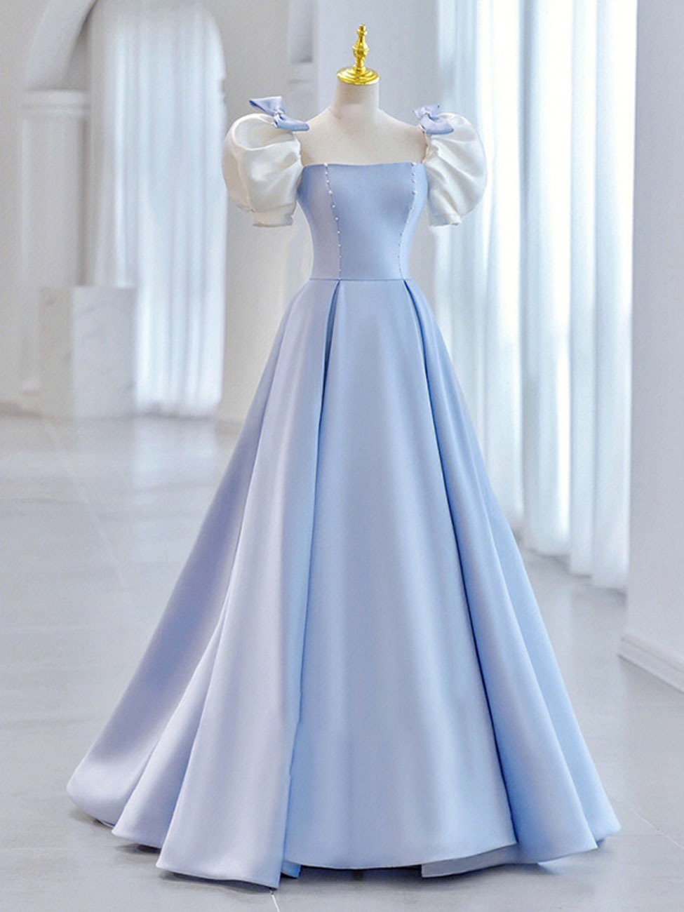 Blue Satin Long Prom Dresses, Blue Formal Evening Dresses Main image