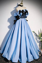 Blue Satin Long Prom Dress, Off the Shoulder Prom Dresses