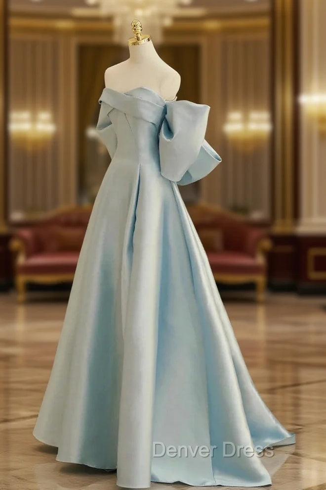 Blue Satin Long Prom Dress with Big Bow, Blue A Line Prom Dresses